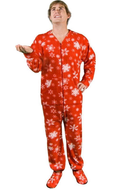 Red Snowflakes Print Polar Fleece Butt Flap Footy Pajamas 