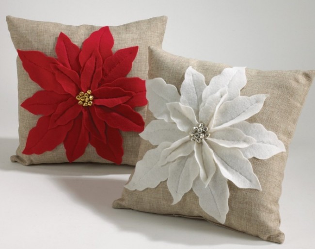 White Poinsettia Felt Holiday Design Throw Pillow