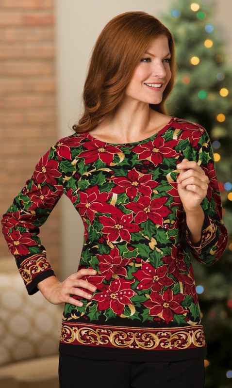  Holiday Sequin Poinsettia 3/4 Sleeve Top