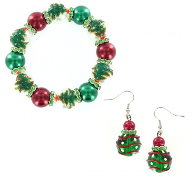 Christmas Tree & Ornament Glass Bead Bracelet & Earring Set