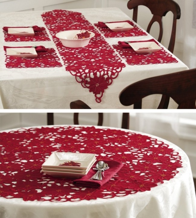 Embroidered Poinsettia Holiday Table Linens Runner