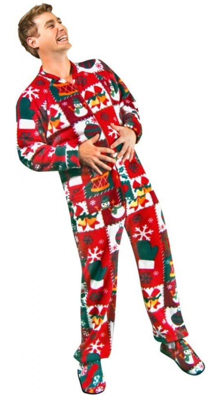 Christmas Sweater Print Fleece Drop Seat Footed Pajamas