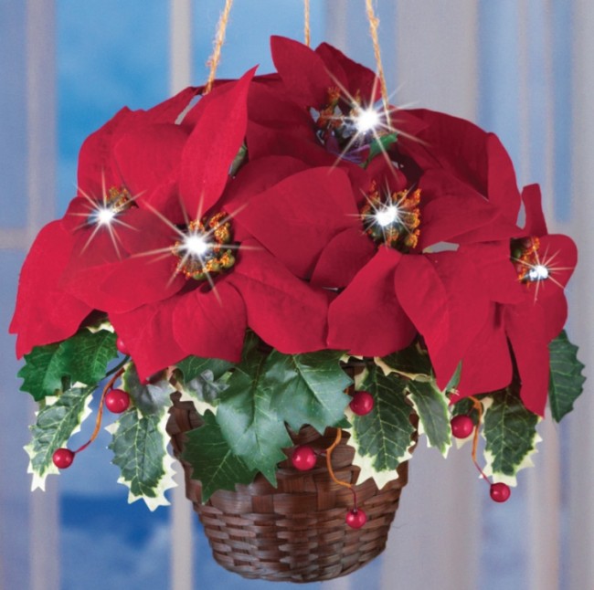 Lighted Christmas Poinsettia Hanging Basket