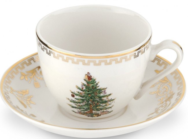 Christmas Tree Gold Teacup and Saucer