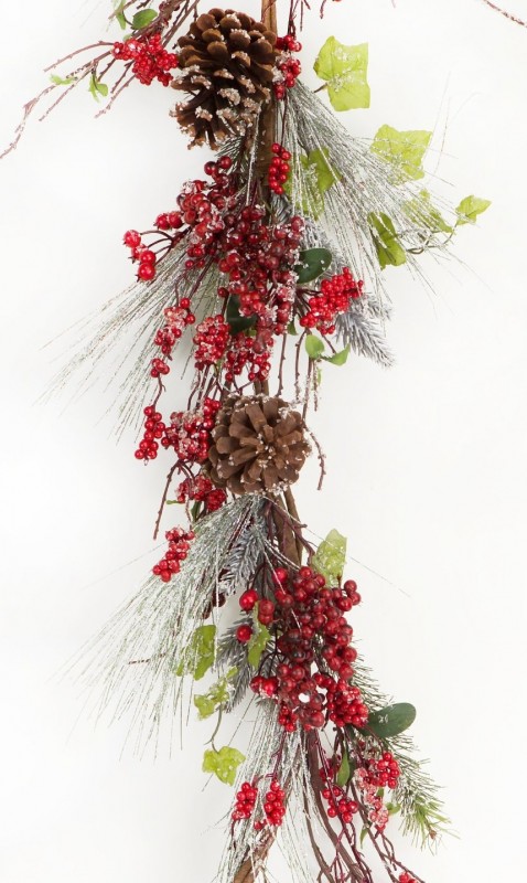 Frosted Pine with Clumps of Red Berry Garland