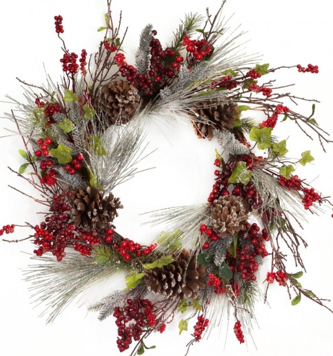 Frosted Wispy Pine 27-Inch Wreath with Red Berries and Cones