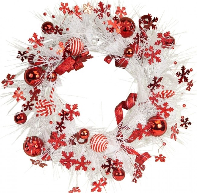 Pine Wreath with Festive RedWhite BallsSnowflakes Accents