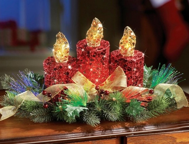 Red Glitter Candles Lighted Centerpiece Decoration