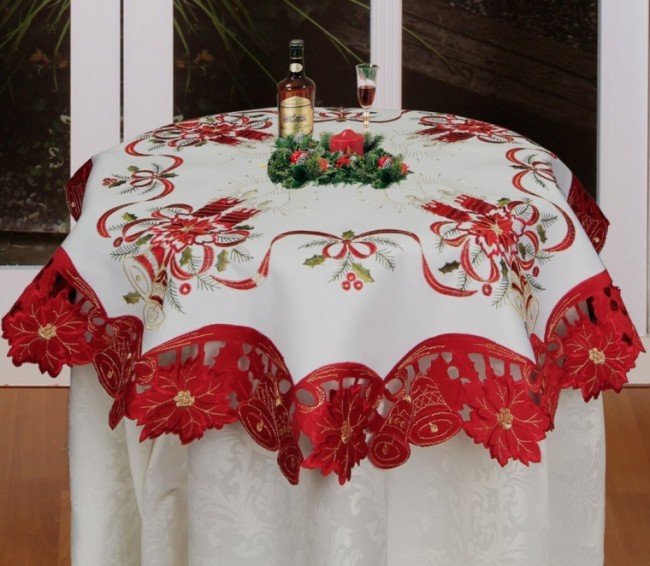 Christmas Embroidered Poinsettia Candle Bell Tablecloth