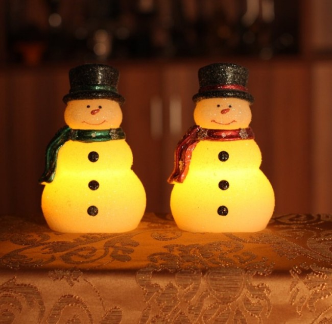 Christmas Snowman with Red and Green Scarf,real Wax Led Candle with Timer