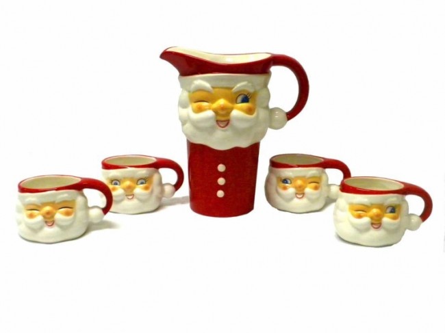 Vintage-style Winking Santa Ceramic Pitcher Cups Set