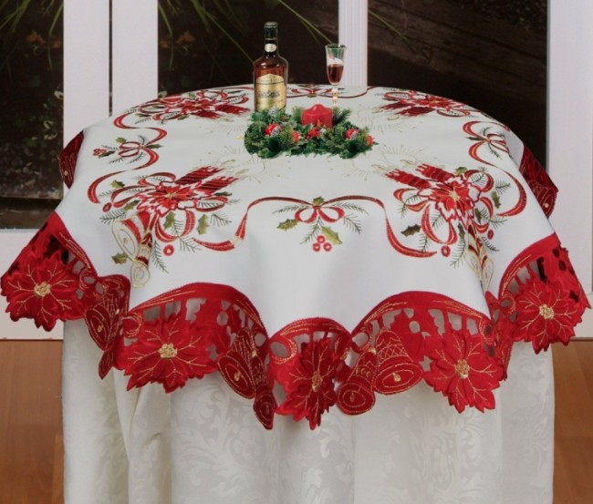 Holiday Christmas Embroidered Poinsettia Candle Bell Tablecloth