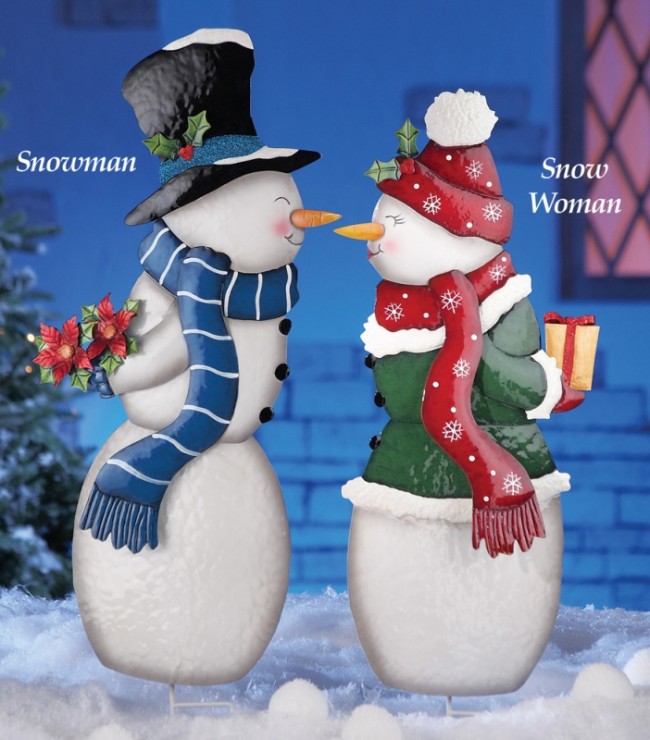 Kissing Snowman Couple Garden Stakes