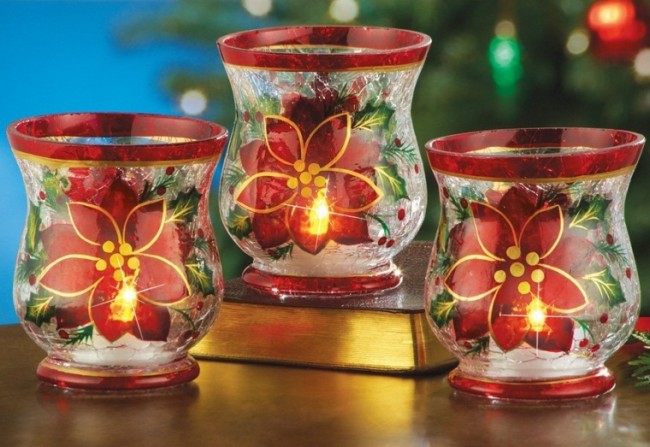 Poinsettia Flowers Crackled Glass Votive Candle Holder