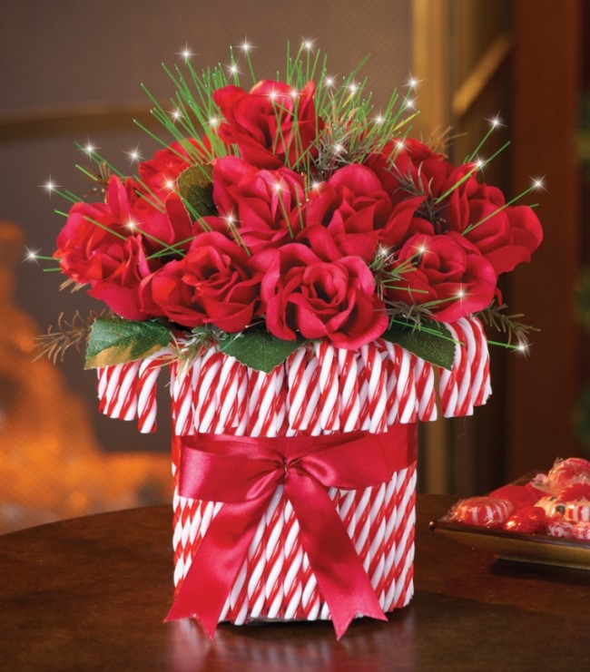 Red Roses Bouquet in Red and White Candy Cane Vase