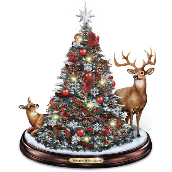 Illuminated Holiday Tabletop Tree With Deer And Cardinals