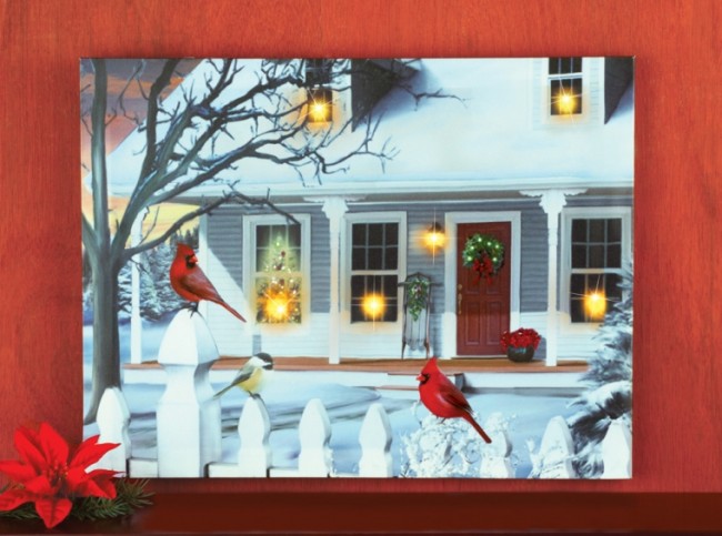 LED and Fiber Optics Christmas Cardinals Canvas Wall Decor