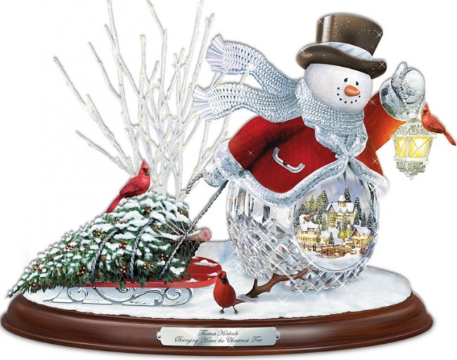 Crystal Snowman Bringing Home The Christmas Tree Musical Sculpture