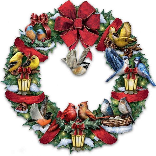 Merry Melodies Lighted Songbird Wreath Plays Medley of 8 Christmas Carols