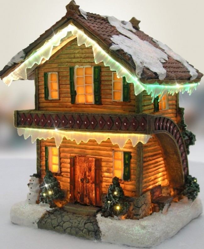 Christmas Snow Village Log Cabin Chalet Fiber Optic LED