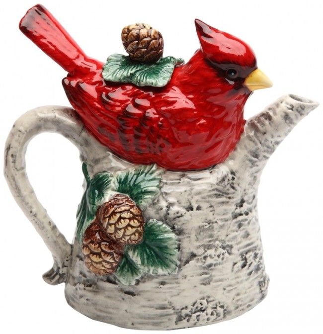 Cardinal on Birch Tree Ceramic Teapot,