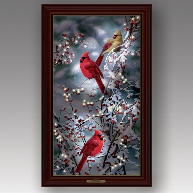 Cardinals In Snow Lights Up Canvas Print Wall Decor