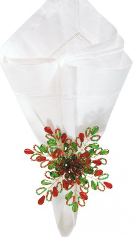 Christmas Holiday RED & Green Beaded Snowflake Flower Napkin Ring