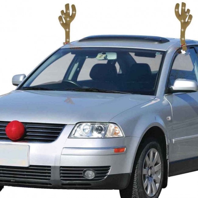 Lighted LED Holiday Reindeer Car Costume With Big Red Nose & Glowing Antlers