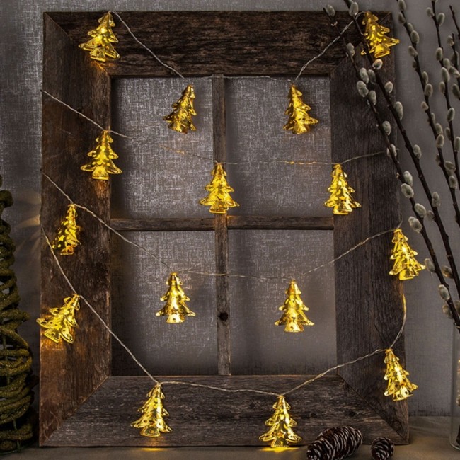 Set of 3 Gold 10 LED Metal Christmas Tree Battery String Lights