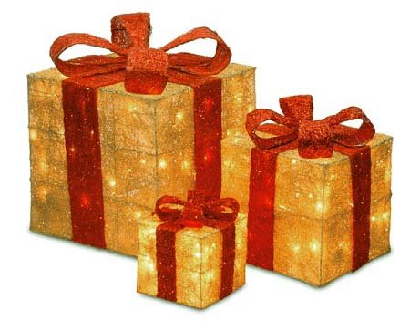 Set of 3 Sparkling Gold Sisal Gift Boxes Lighted Christmas Yard Art Decorations
