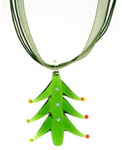 Blown Glass Christmas Tree Pendant & Ribbon Necklace