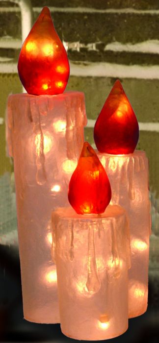 27-Inch Illuminated Fiberglass Clear Frosted Candle Trio Outdoor Christmas Light