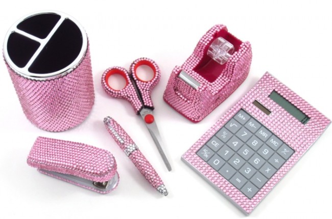 6 Piece Pink Crystal Office Supply Set: