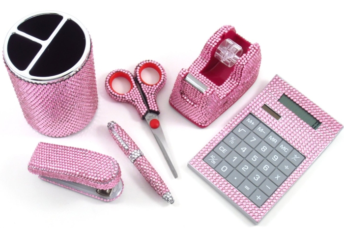 6 Piece Pink Crystal Office Supply Set: