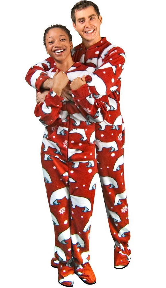 Polar Bear Print Red Polar Fleece Drop Seat Footie Pajamas