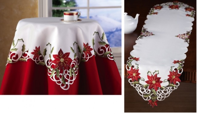 Embroidered Holiday Poinsettia Table Linens