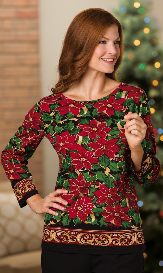 Holiday Sequin Poinsettia 3/4 Sleeve Top