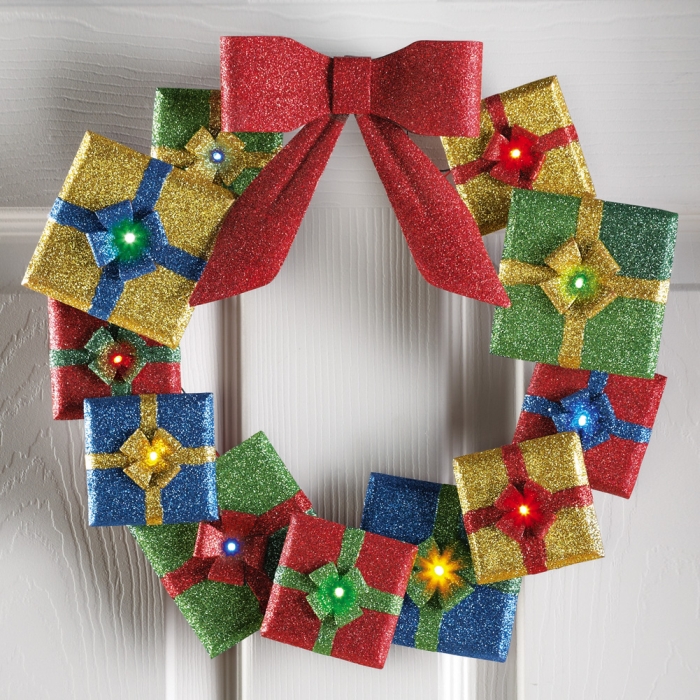Lighted Holiday Gifts Door Wreath
