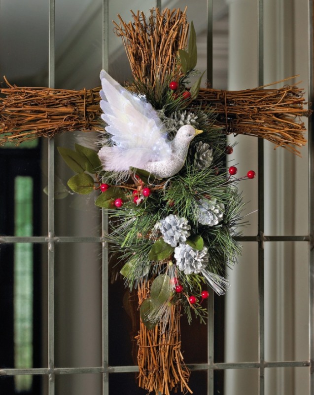 Fiber Optic Holiday Dove Floral Cross Decoration