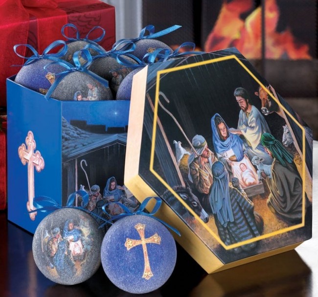 The Nativity Scene and Holy Cross Frosted Glass Christmas Tree Ornament Set