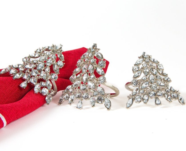 Luxe Shimmer Holiday Christmas Tree Jeweled Metal Napkin Rings | Christmas