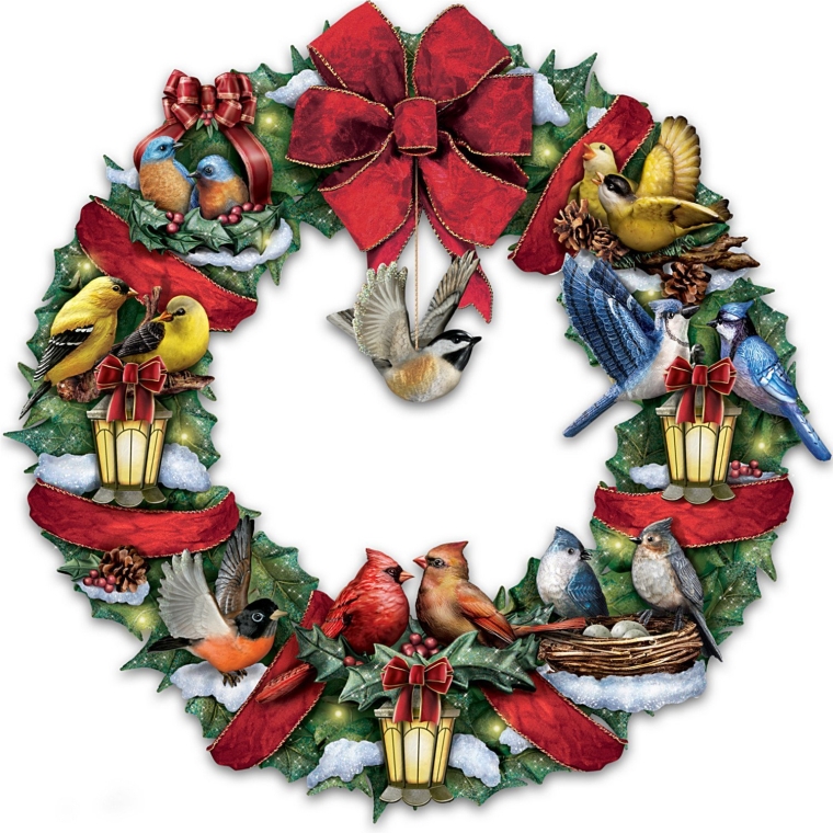 Lighted Songbird Wreath Plays Medley of 8 Christmas Carols