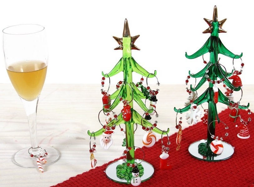 Art Glass Tree and 10 Piece Wine Charm Set Christmas