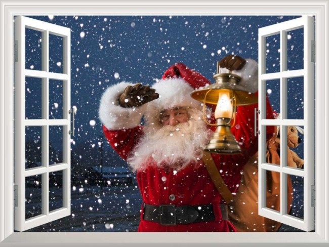 Santa Claus Carrying Gifts outside of Window on Christmas Eve
