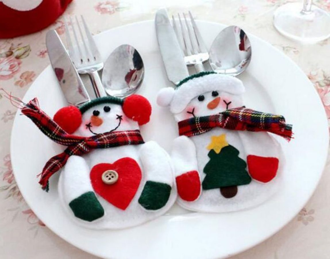 Christmas Decorations Snowman Silver Flatware Holder Pockets Table