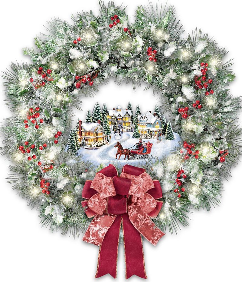 Thomas Kinkade A Holiday Homecoming Musical Christmas Village Wreath Lights Up
