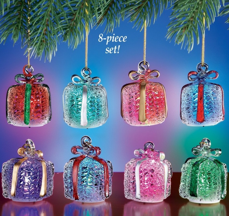 Lighted Glass Gift Box Christmas Ornaments Set- Color Changing LED