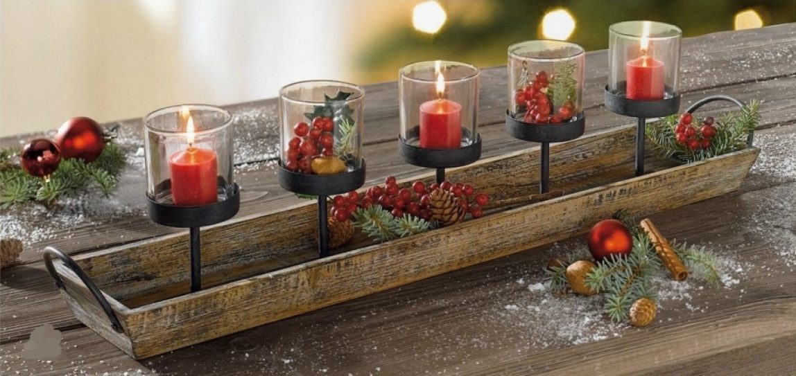 Rustic Wood Candle Centerpiece Tray Christmas