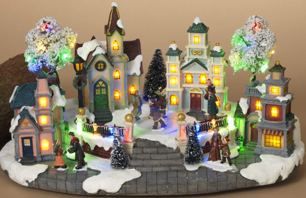 Animated Musical Christmas Village with Lights and Rotating Skaters
