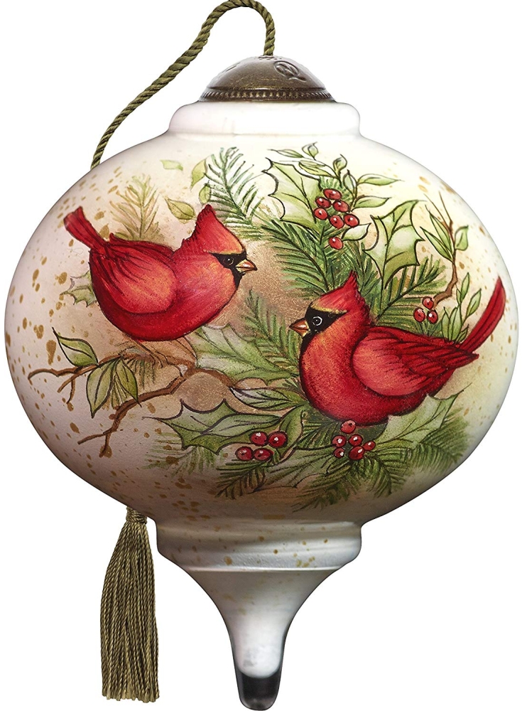 Hand Painted Blown Glass Woodland Cardinals Ornament